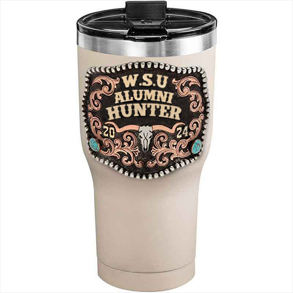 A customized tumbler made of stainless steel with a personalized engraved initials and Alumni Hunter lettering, 30 oz, ideal for coffee or cool drinks